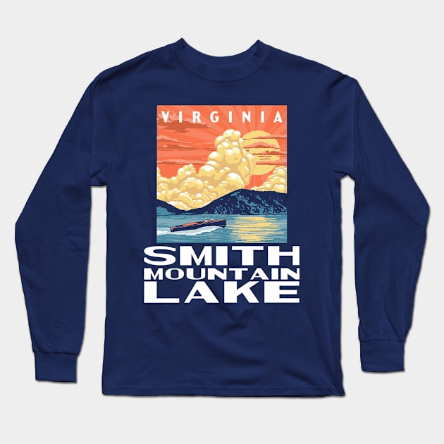 Smith Mountain Lake Virginia Vintage Boat WPA Poster Style Long Sleeve T-Shirt by GIANTSTEPDESIGN